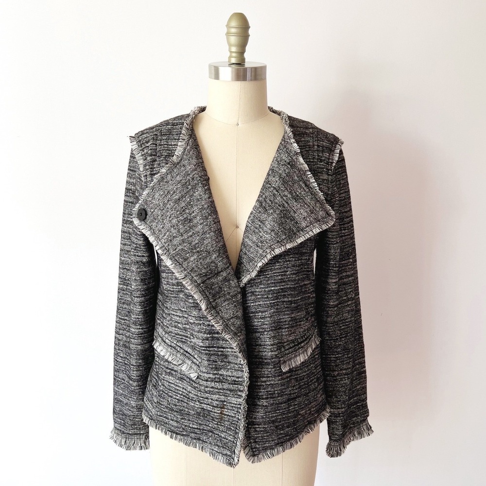 Banana Republic Blazer Black White Tweed Fringe‎ Asymmetrical Drape Jacket S